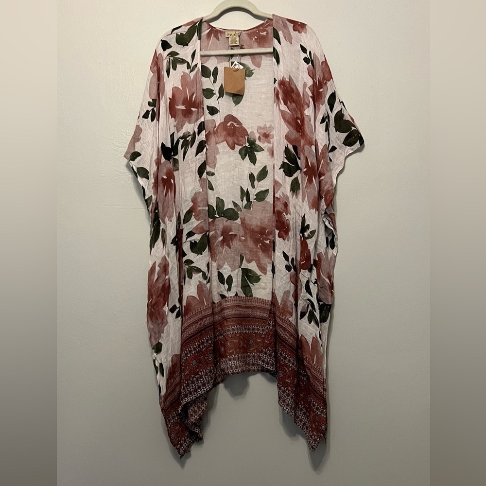 NALINI Women’s White Pink/Purple Floral‎ Long Kimono Boho Beach Cover-up